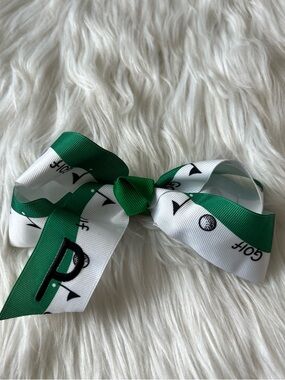Green and White Golf Pattern Kids Hair Bow with embroidered P